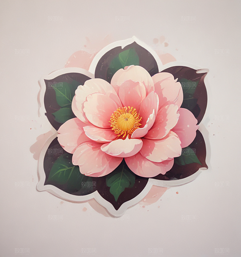 山茶花卡通插画风格贴纸
