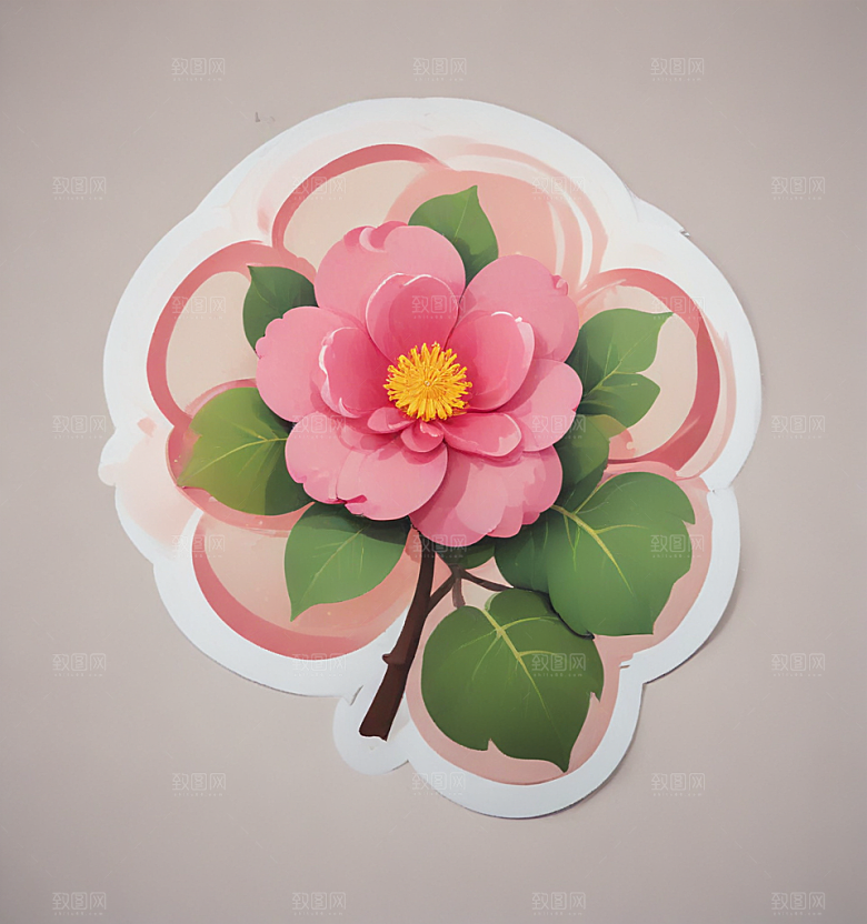山茶花卡通插画风格贴纸