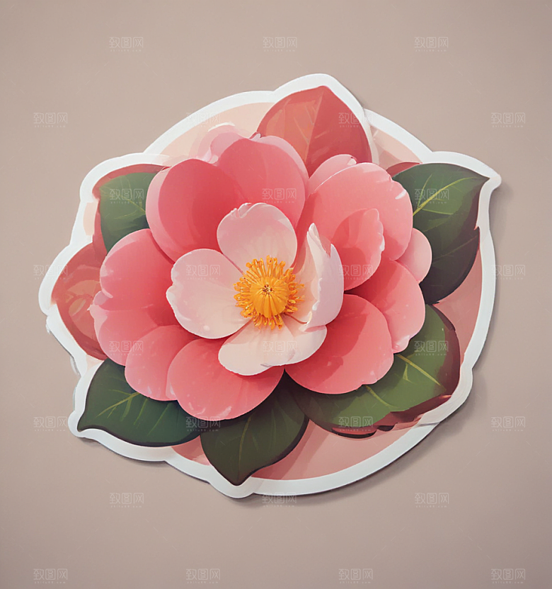 山茶花卡通插画风格贴纸