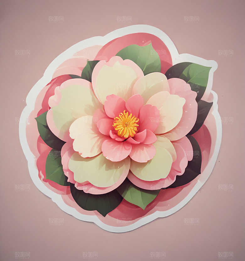山茶花卡通插画风格贴纸