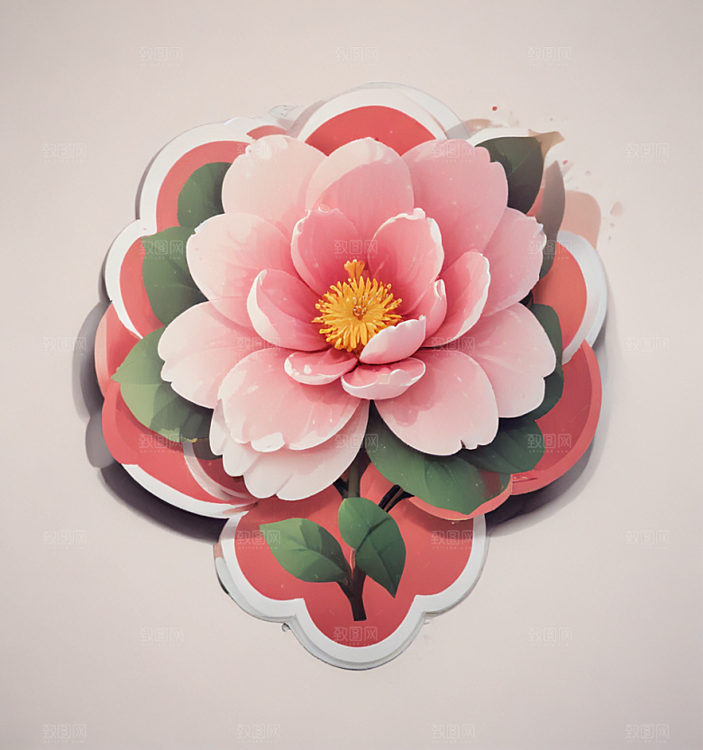 山茶花卡通插画风格贴纸