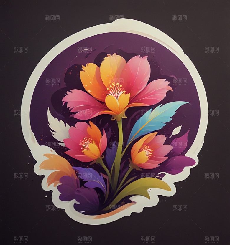 凌霄花卡通插画风格贴纸