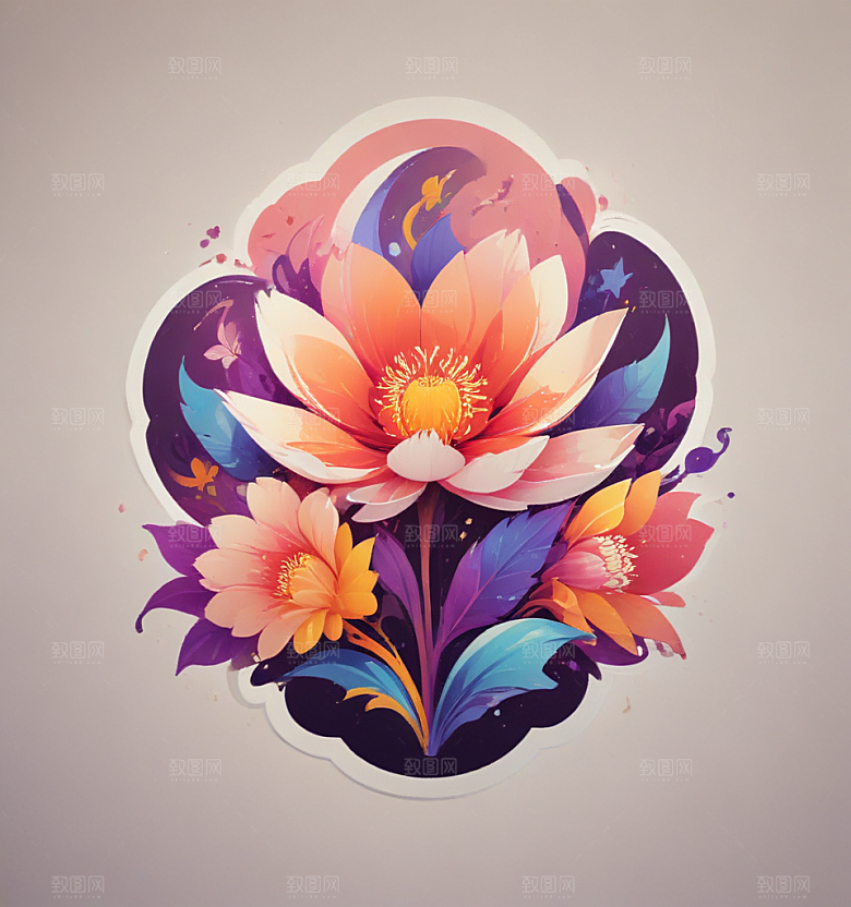 凌霄花卡通插画风格贴纸