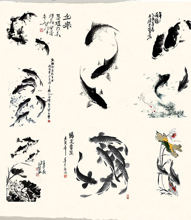 水墨画鲤鱼荷花画