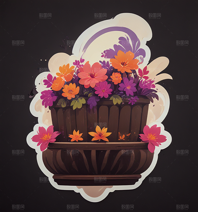 阳台花卡通插画风格贴纸