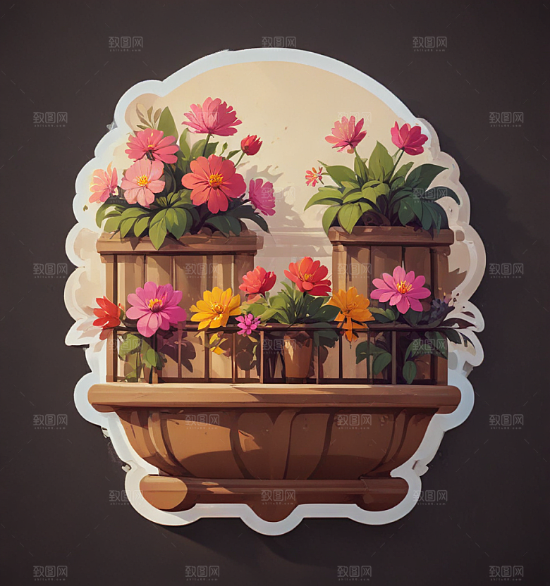 阳台花卡通插画风格贴纸