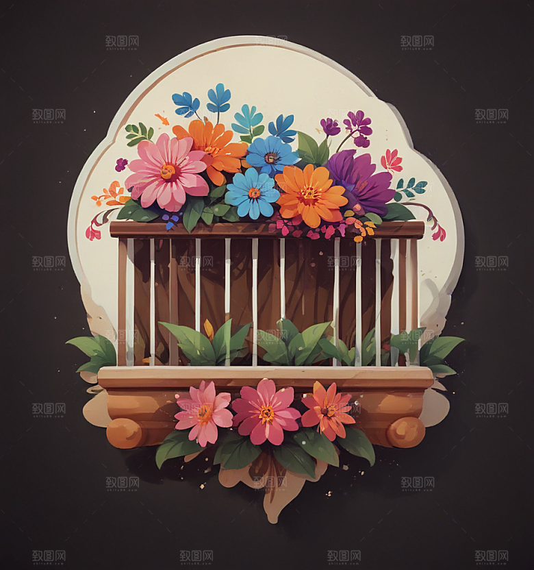 阳台花卡通插画风格贴纸