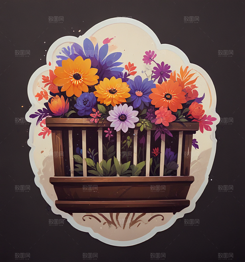 阳台花卡通插画风格贴纸