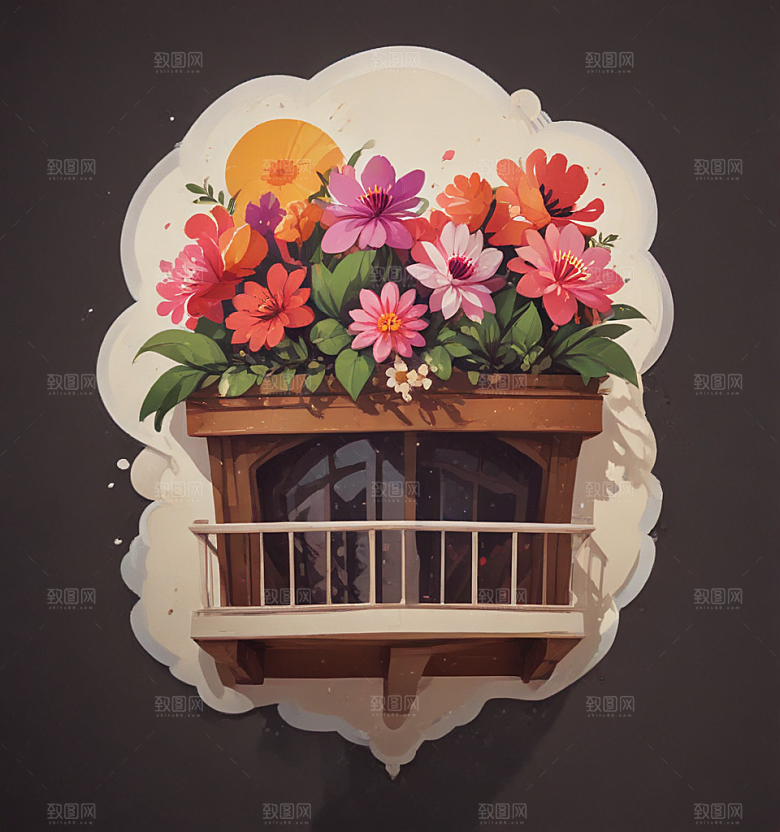 阳台花卡通插画风格贴纸