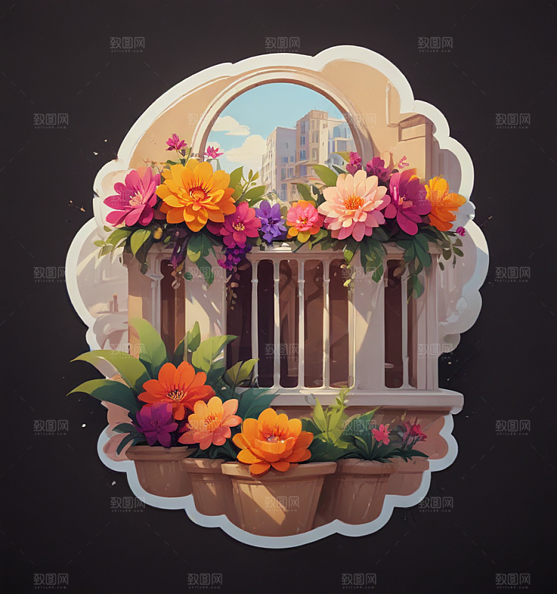 阳台花卡通插画风格贴纸