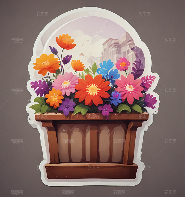 阳台花卡通插画风格贴纸