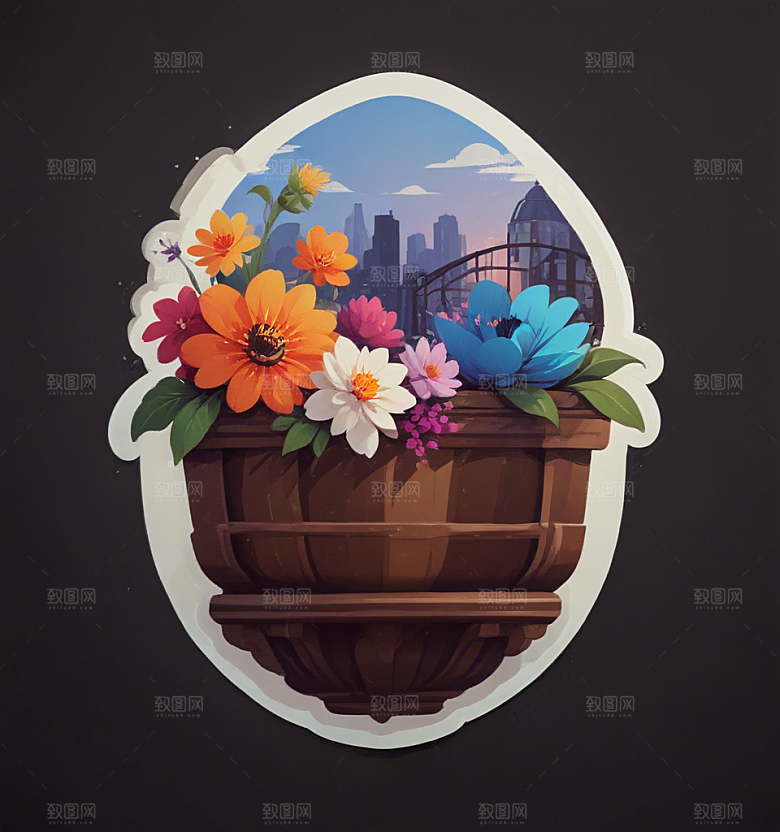 阳台花卡通插画风格贴纸
