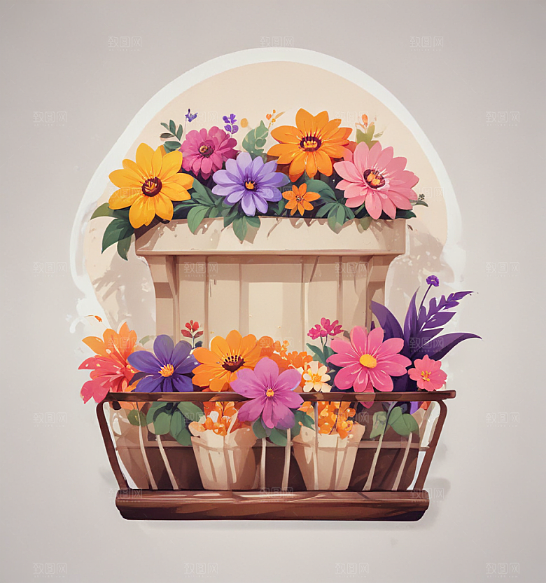 阳台花卡通插画风格贴纸