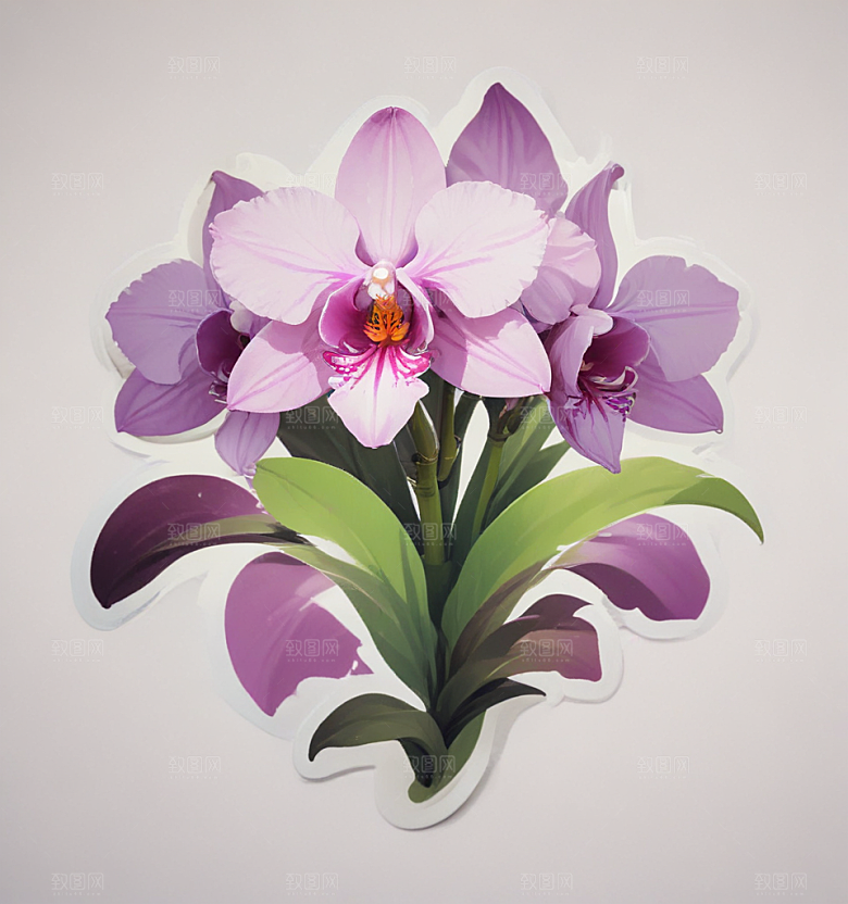 石斛兰卡通插画风格贴纸