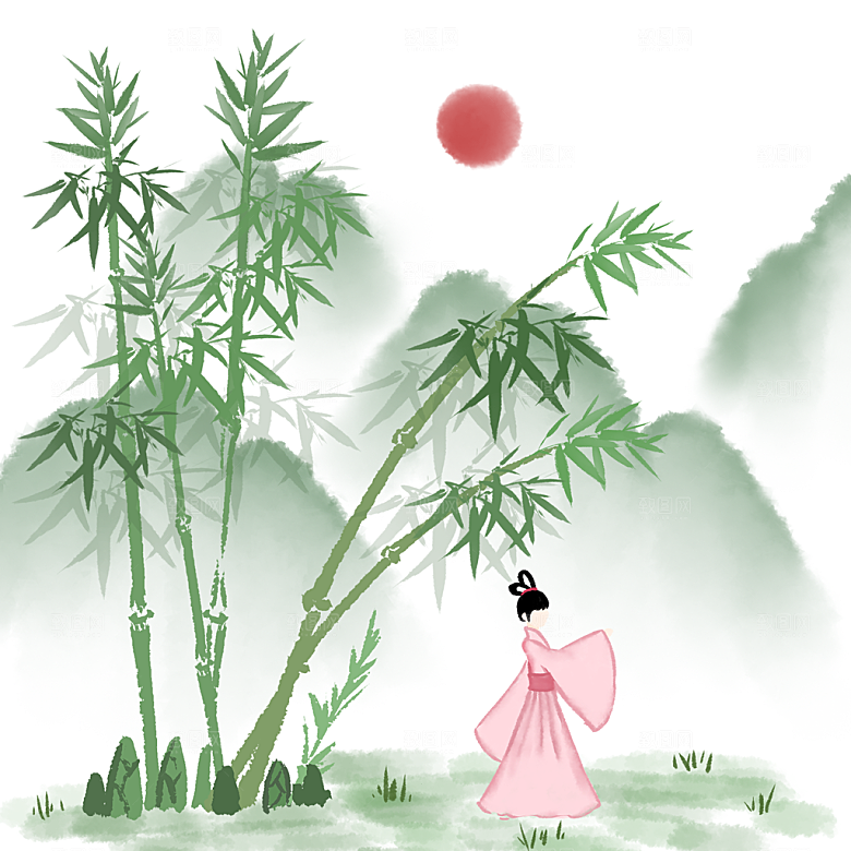 免抠手绘卡通竹子小女孩元素