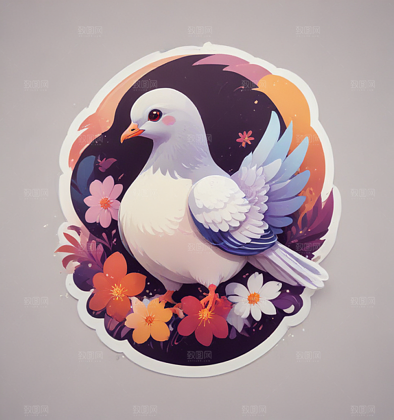 鸽子花卡通插画风格贴纸