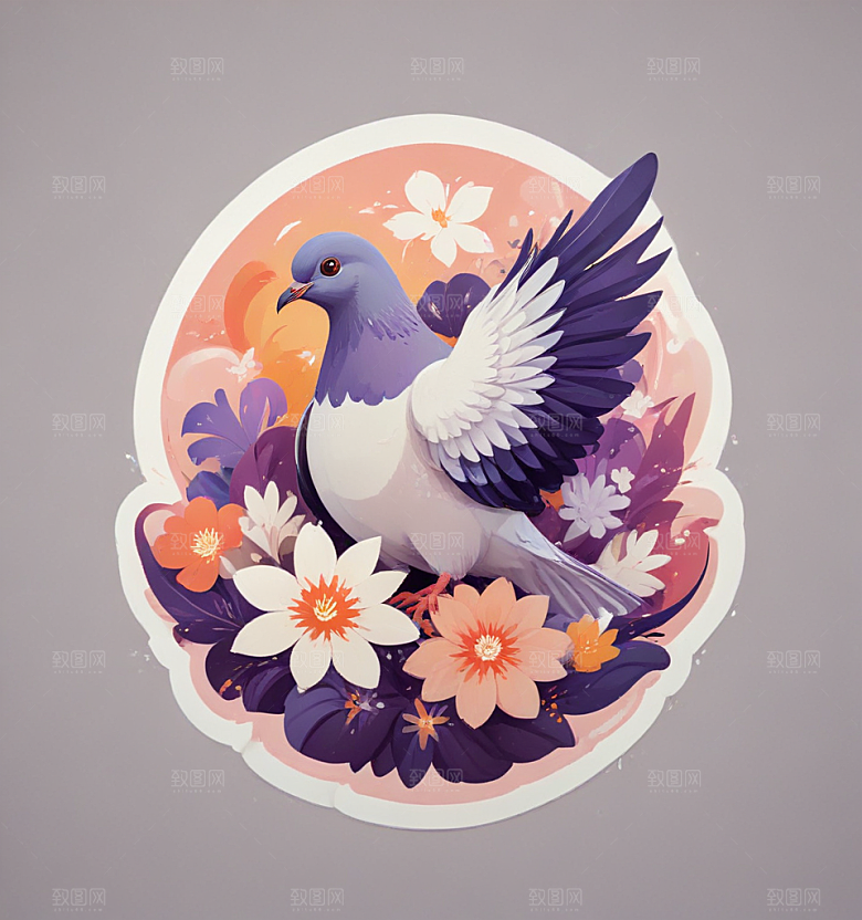 鸽子花卡通插画风格贴纸