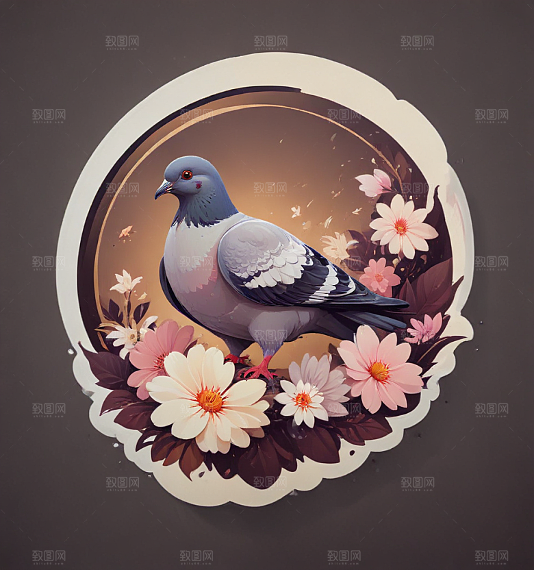 鸽子花卡通插画风格贴纸