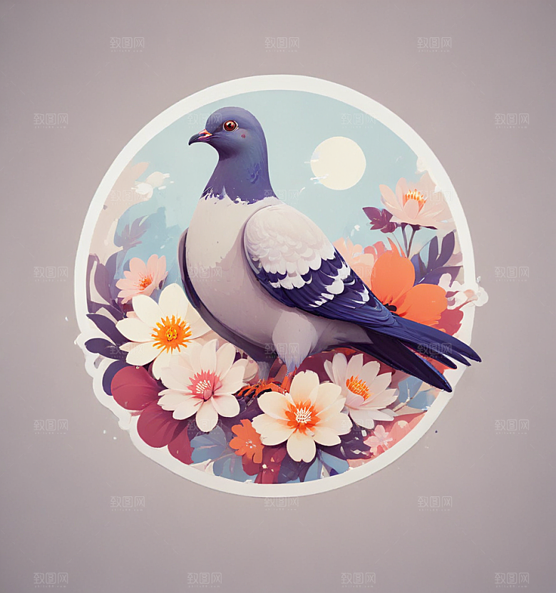鸽子花卡通插画风格贴纸