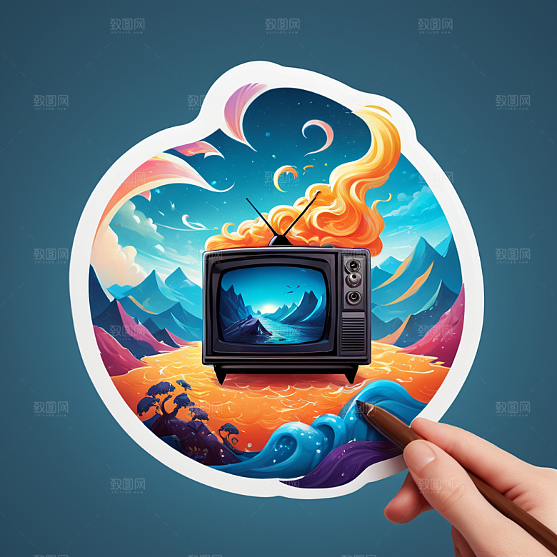 电视插画卡通风格贴纸
