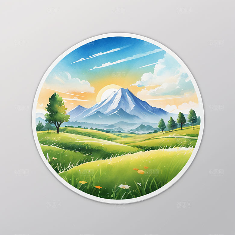 草地插画卡通风格贴纸