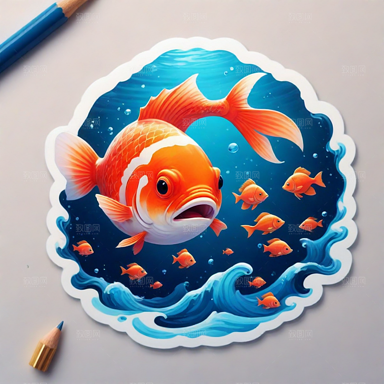 鱼插画卡通风格贴纸