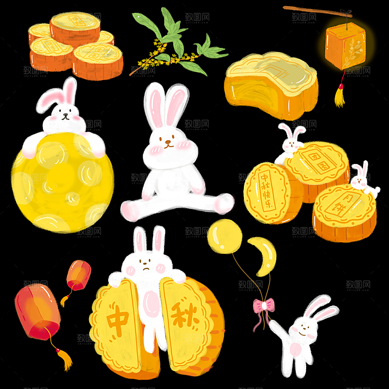 中秋节中国风烫金元素装饰插画