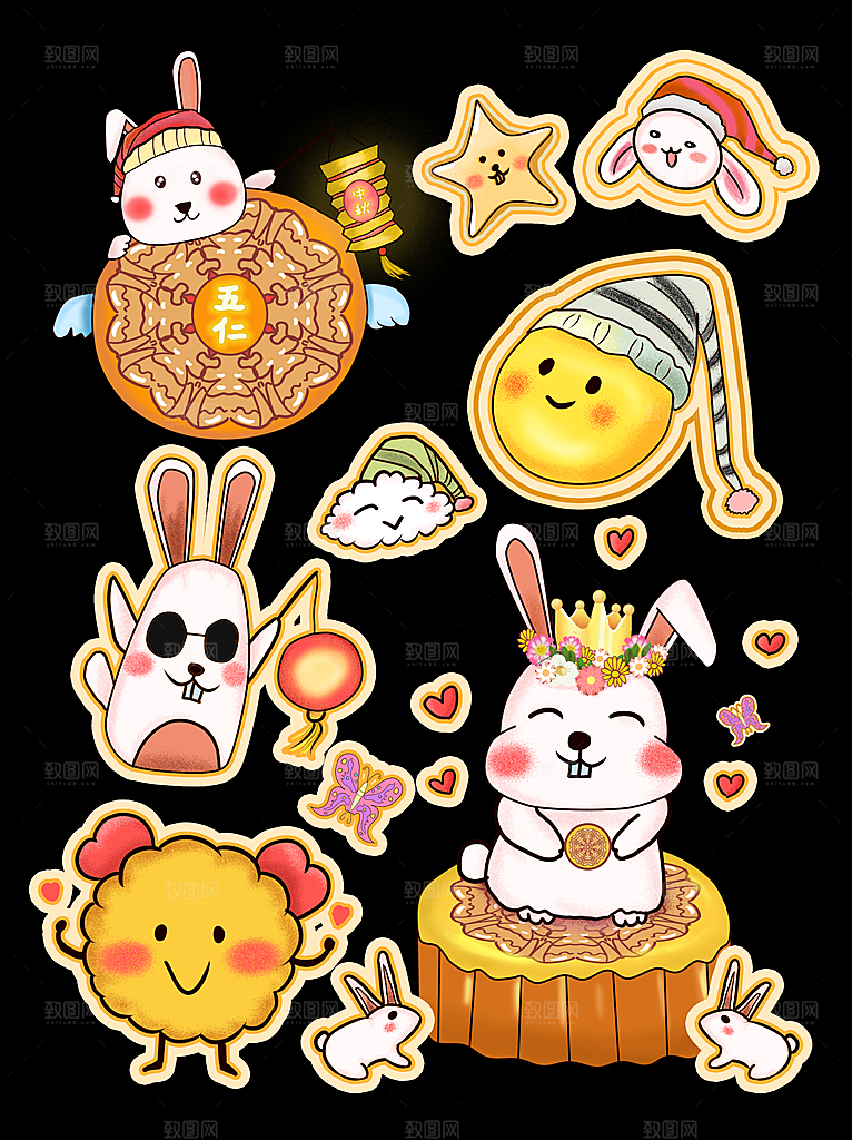 中秋节中国风烫金元素装饰插画