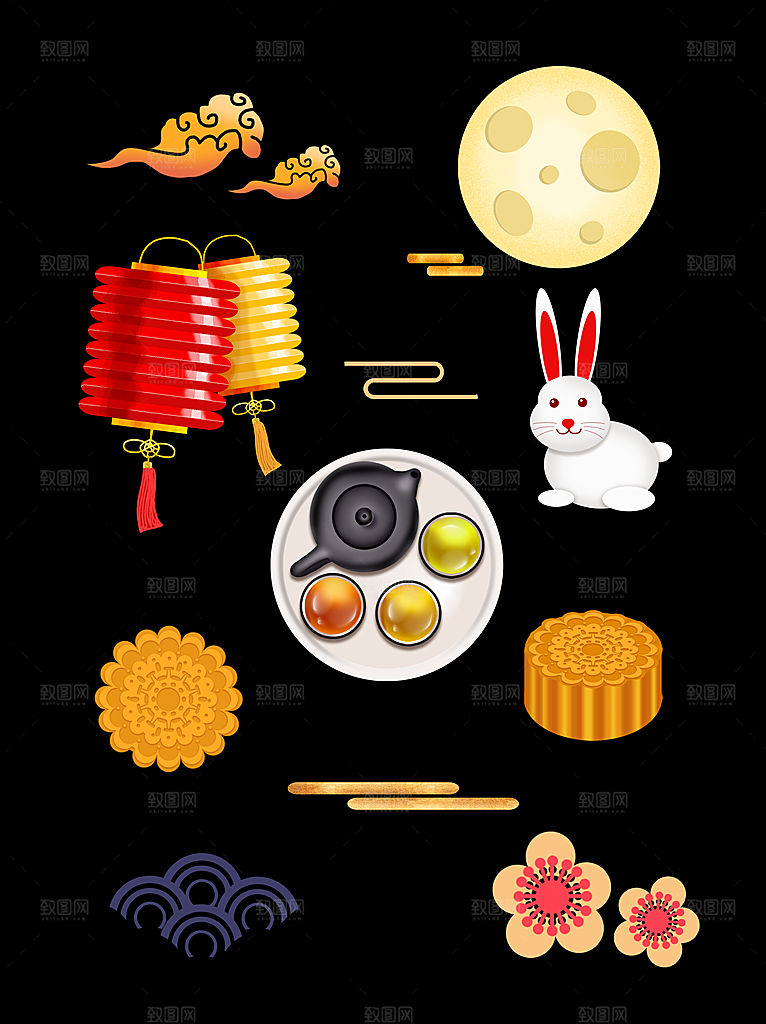 中秋节中国风烫金元素装饰插画