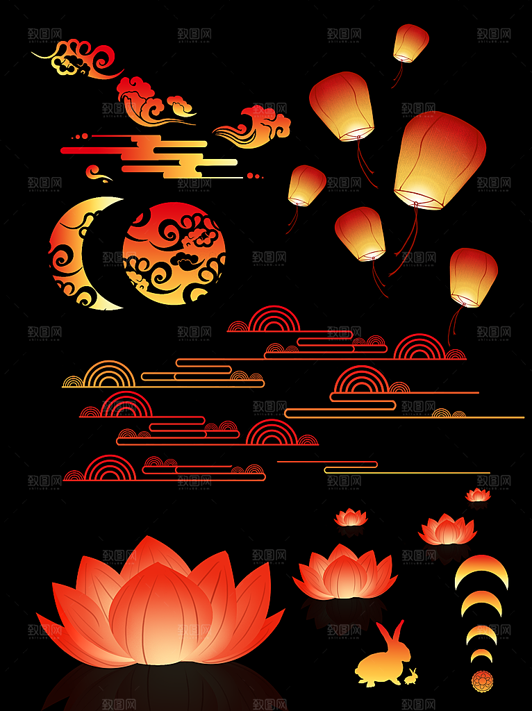中秋节中国风烫金元素装饰插画