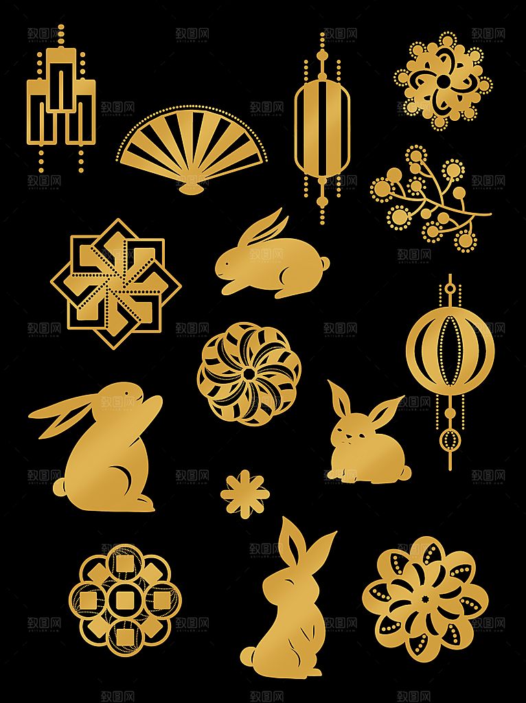 中秋节中国风烫金元素装饰插画