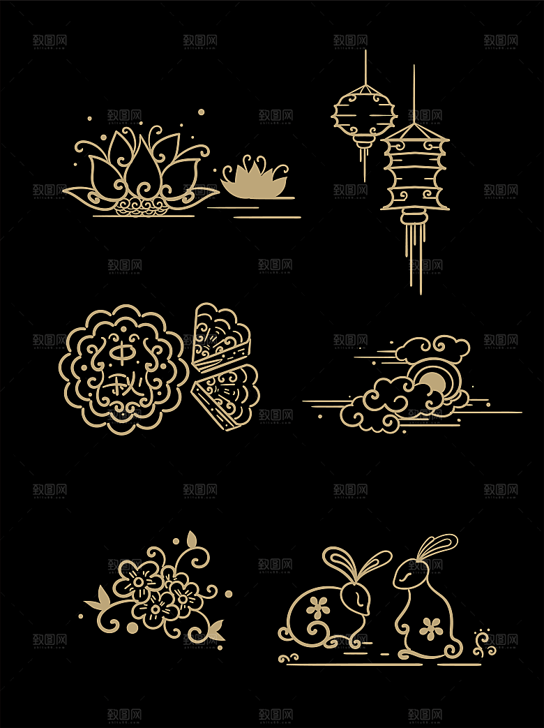 中秋节中国风烫金元素装饰插画