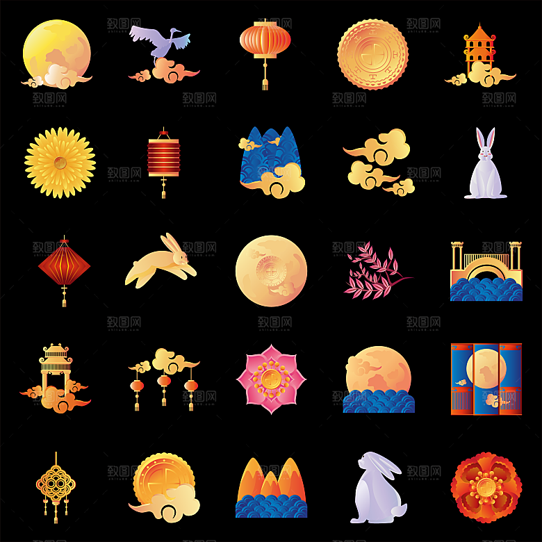 中秋节中国风烫金元素装饰插画