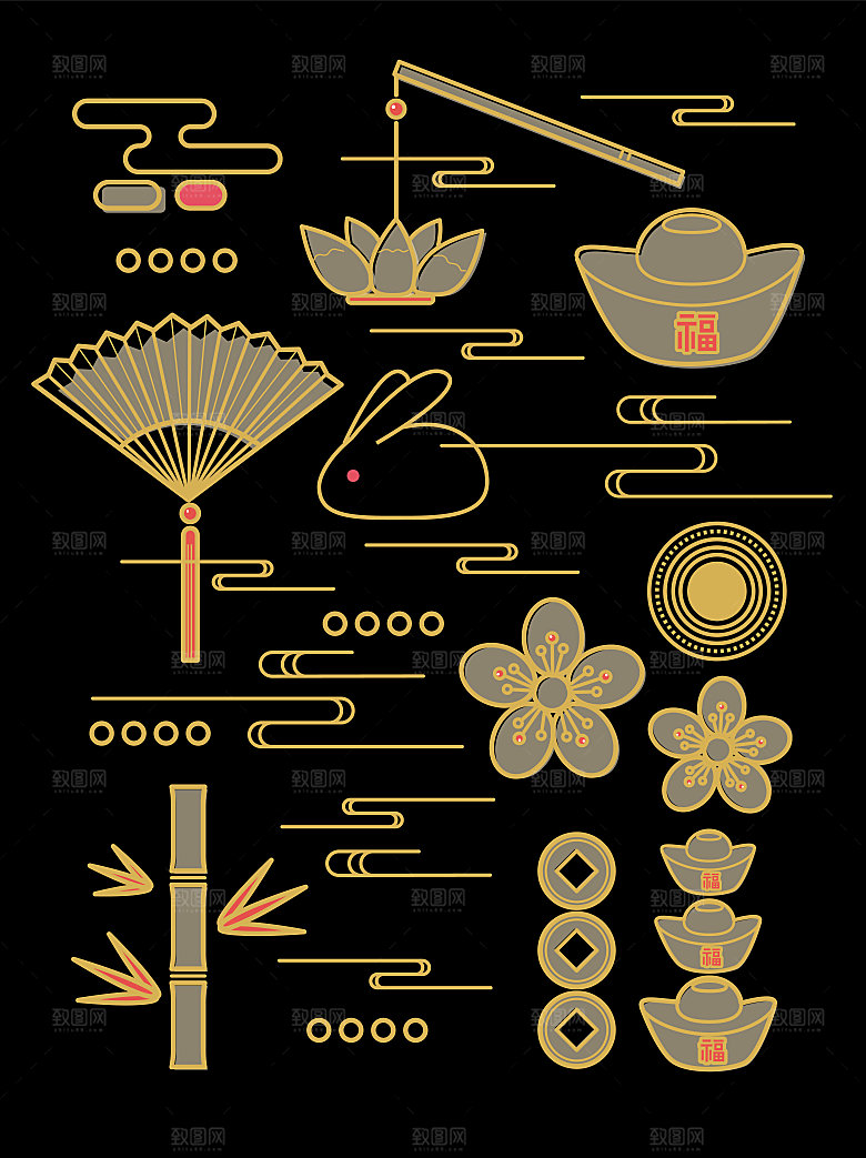 中秋节中国风烫金元素装饰插画