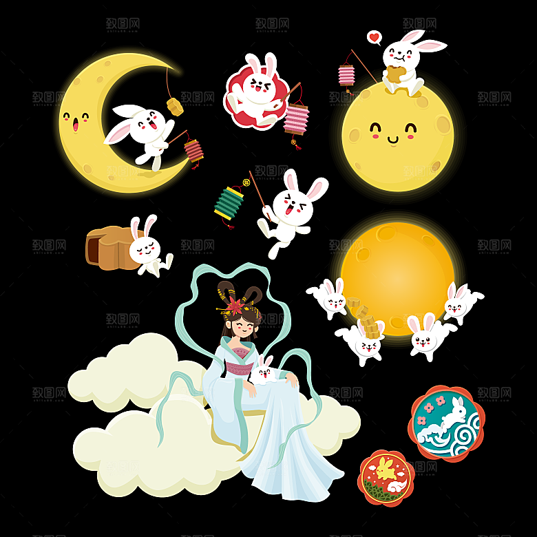 中秋节中国风烫金元素装饰插画