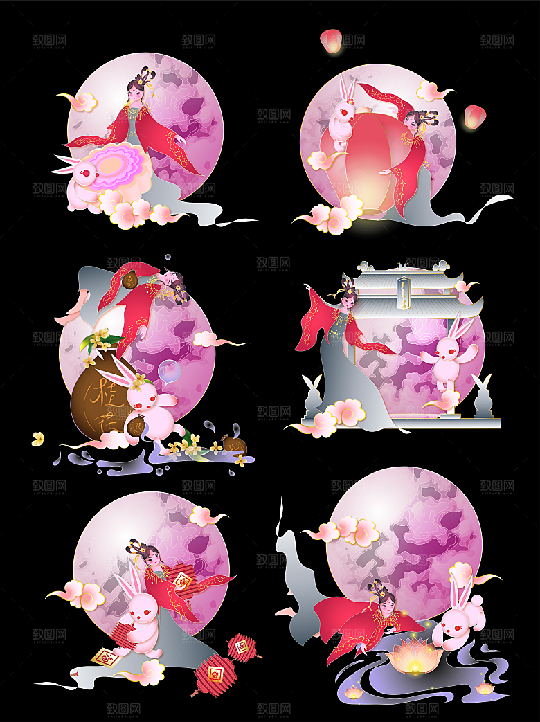 中秋节中国风烫金元素装饰插画