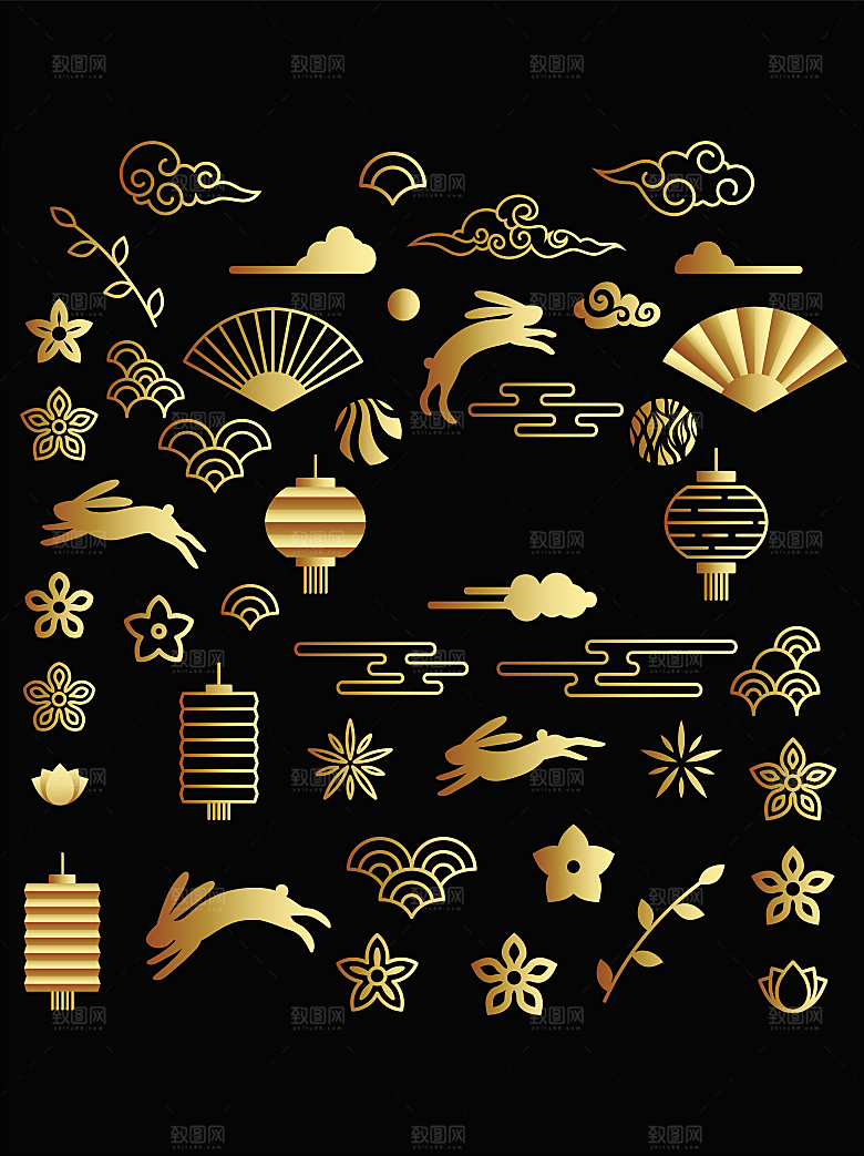 中秋节中国风烫金元素装饰插画