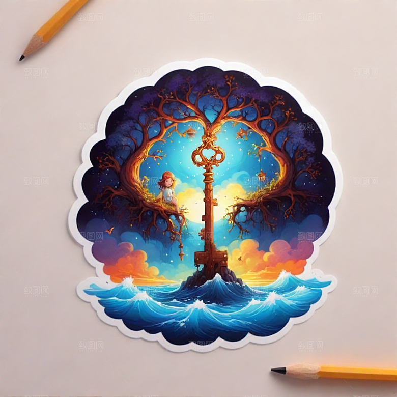 金钥匙插画卡通风格贴纸