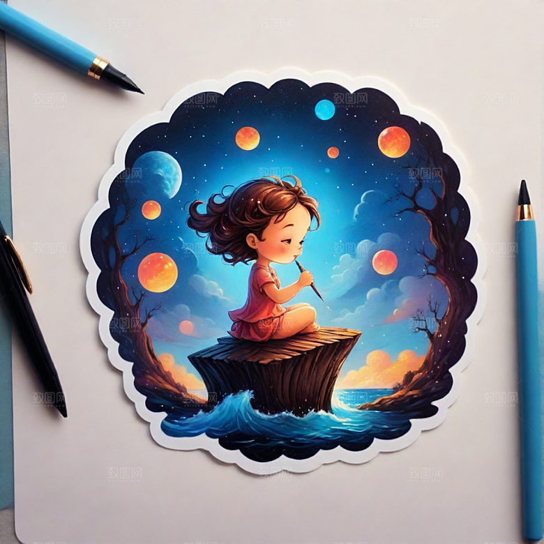 钢笔插画卡通风格贴纸