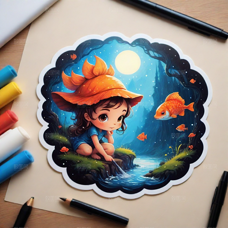 钢笔插画卡通风格贴纸