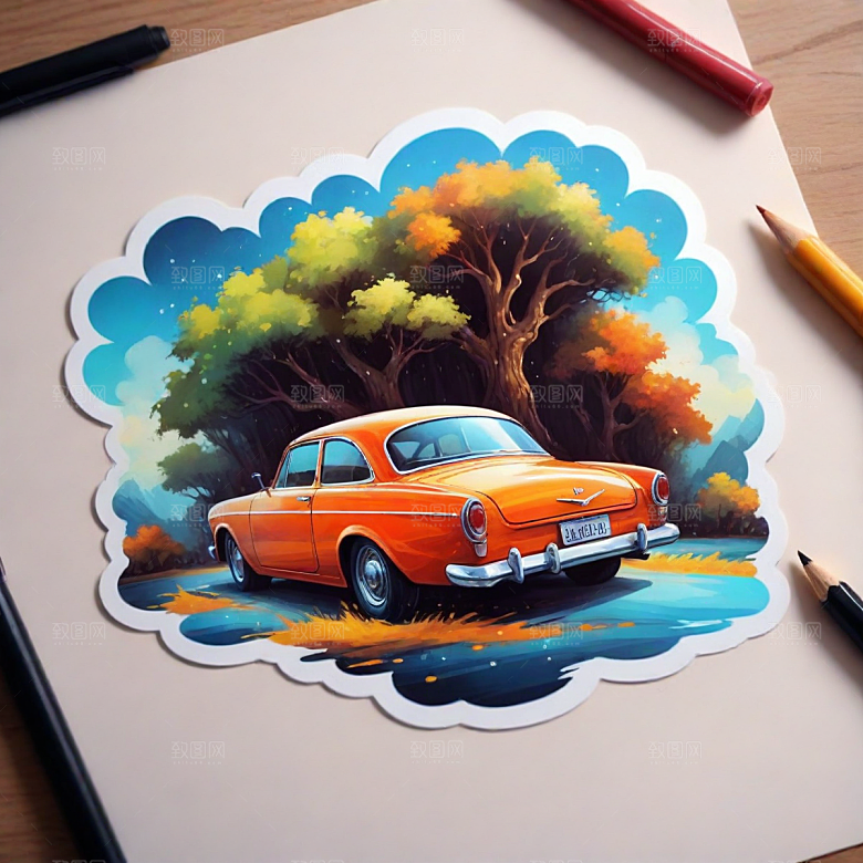 汽车插画卡通风格贴纸