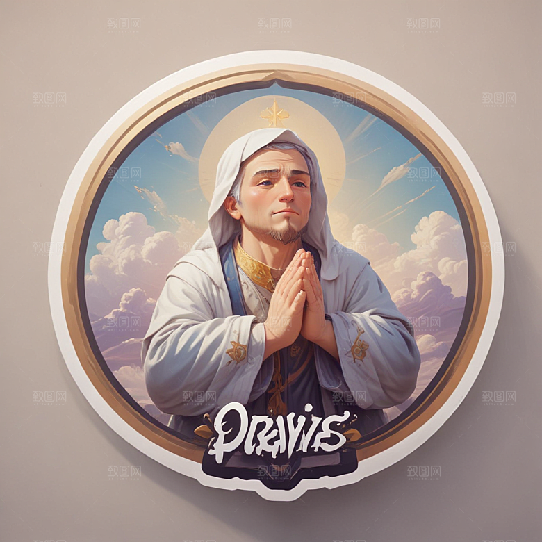 祈祷插画卡通风格贴纸