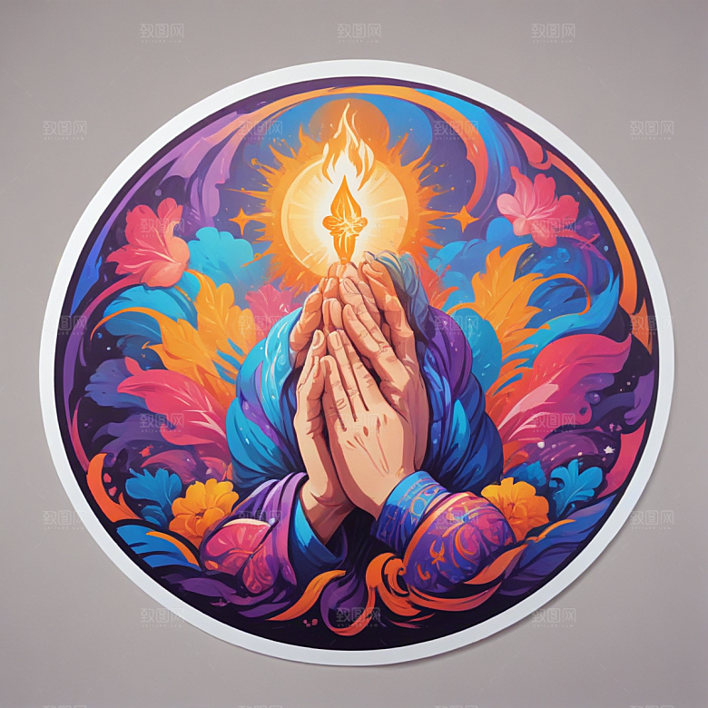 祈祷插画卡通风格贴纸