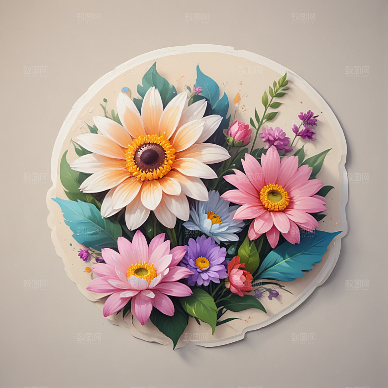 鲜花插画卡通风格贴纸