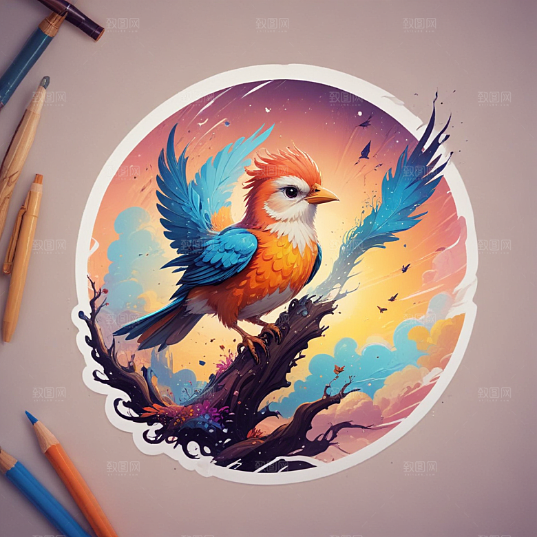 鸟插画卡通风格贴纸