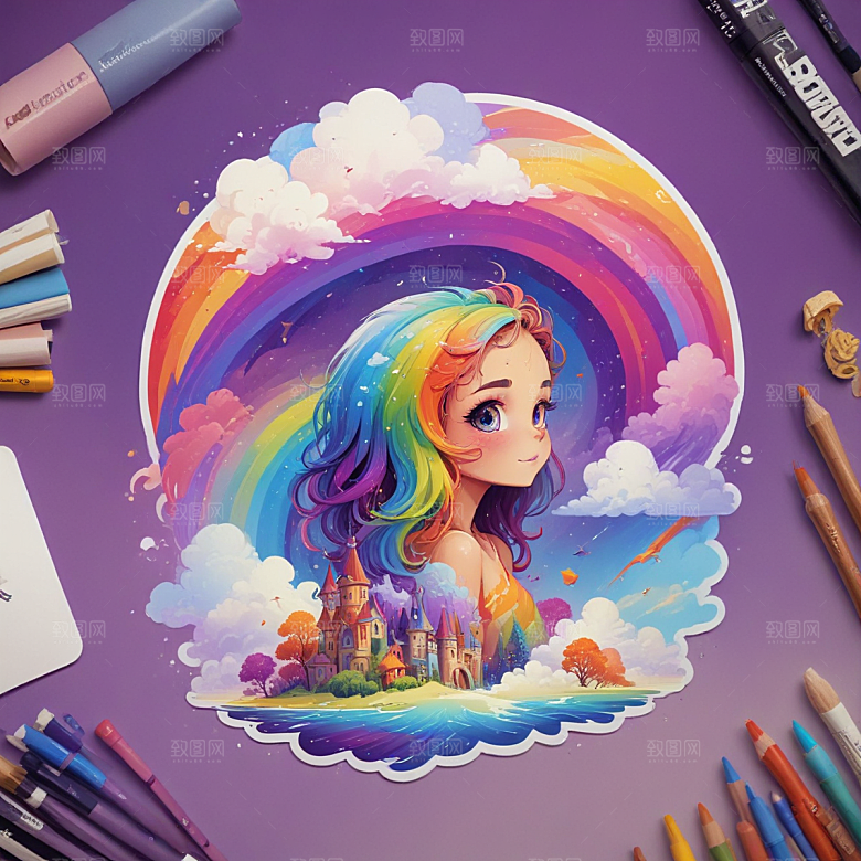 彩虹插画卡通风格贴纸