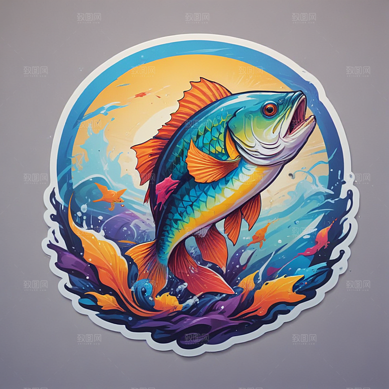 钓鱼插画卡通风格贴纸