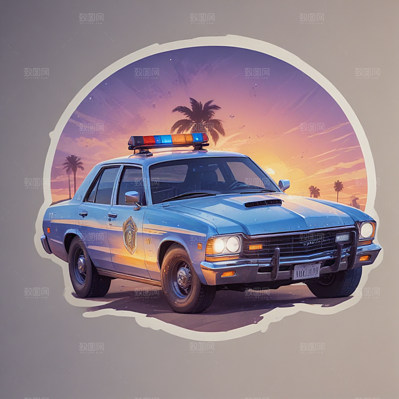 警车插画卡通风格贴纸