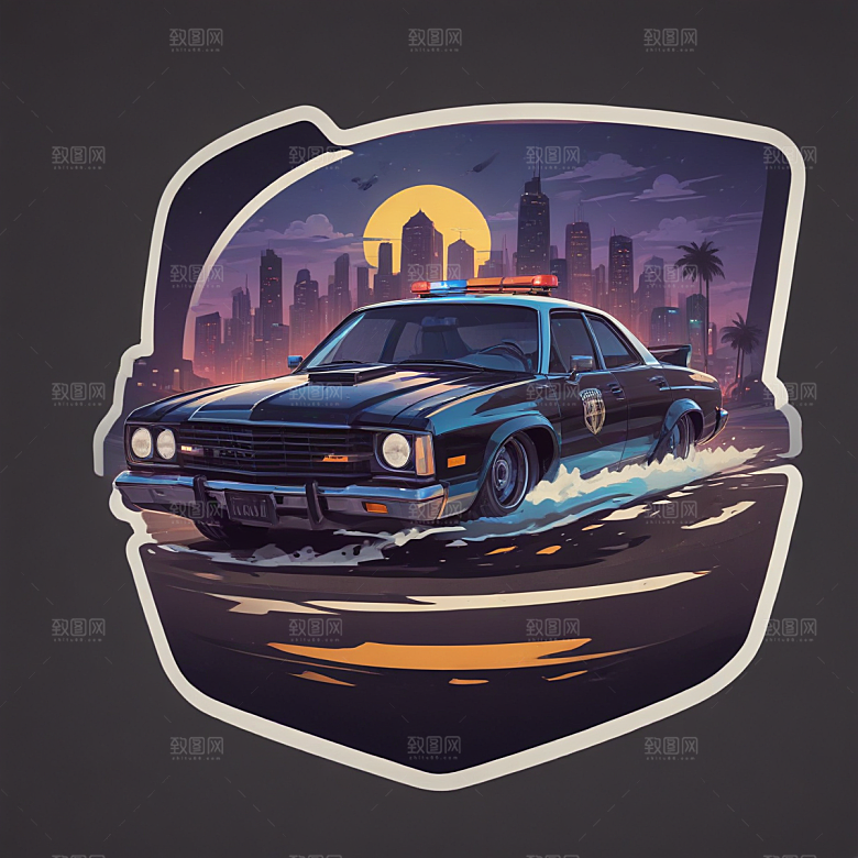 警车插画卡通风格贴纸
