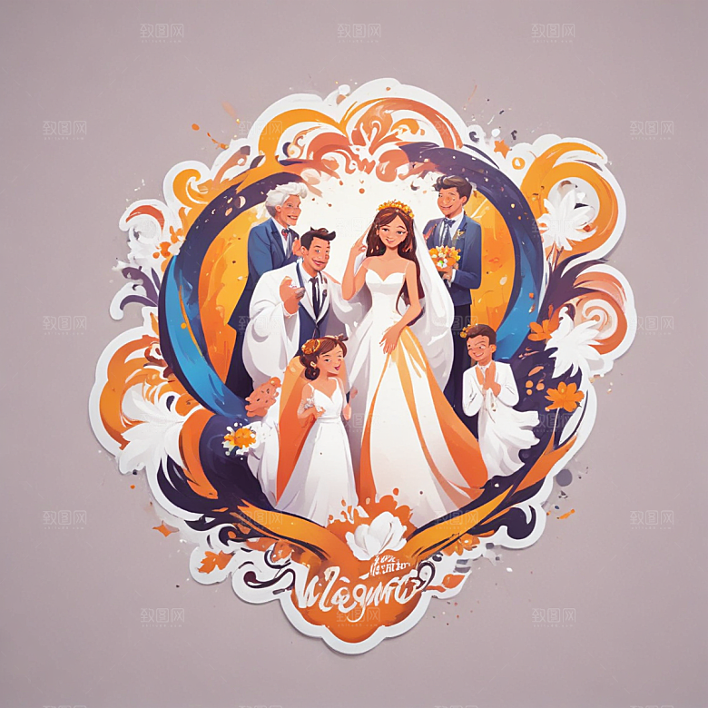 家庭婚礼温馨欢乐场景插画插画图片